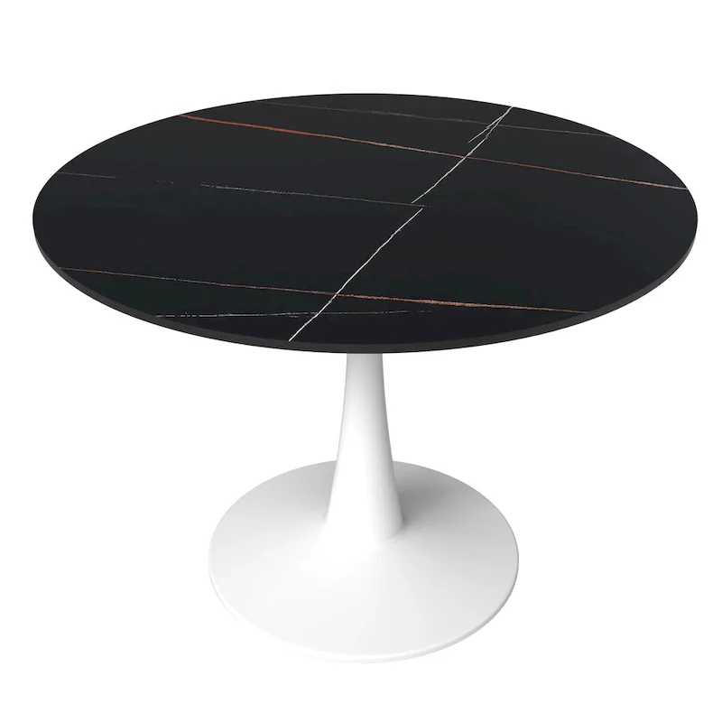 Black/White Round Sintered Stone Dining Table for 4, Single Pedestal Base