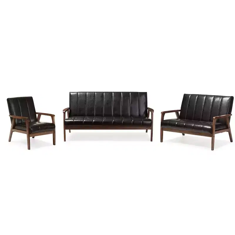 3pc Nikko Mid-Century Modern Scandinavian Faux Leather Seating Set - Baxton Studio