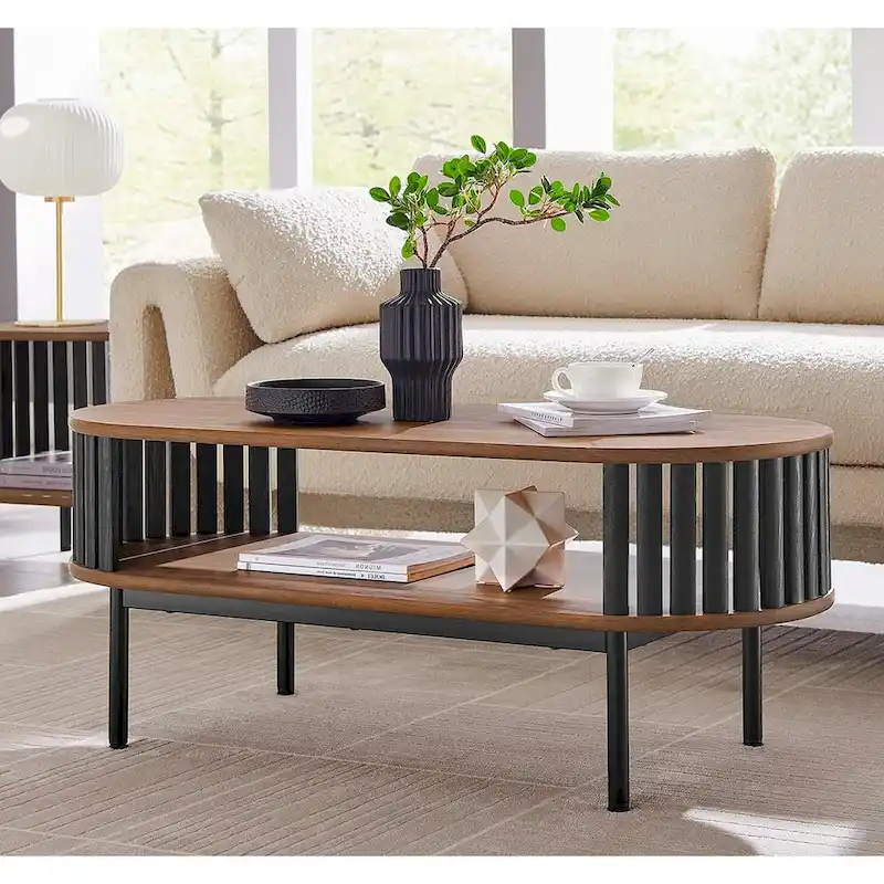Walnut & Black Oval Coffee Table with Lower Shelf