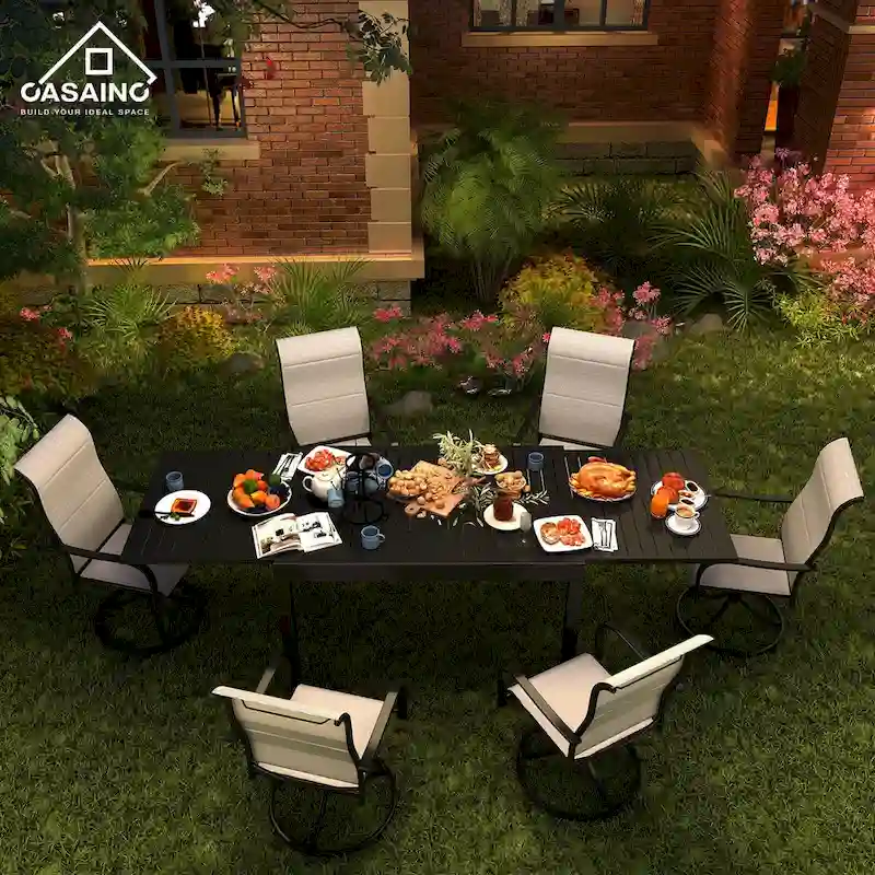 7 Piece Metal Frame Patio Dining Set, Aluminum Extendable Dining Table - N/A