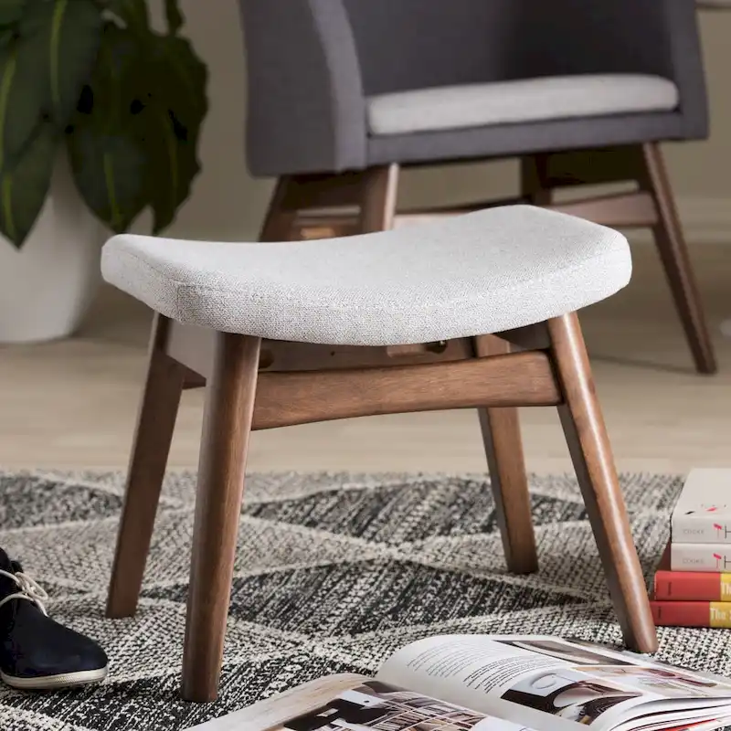 Light Grey Fabric Upholstered Footstool with Walnut Frame