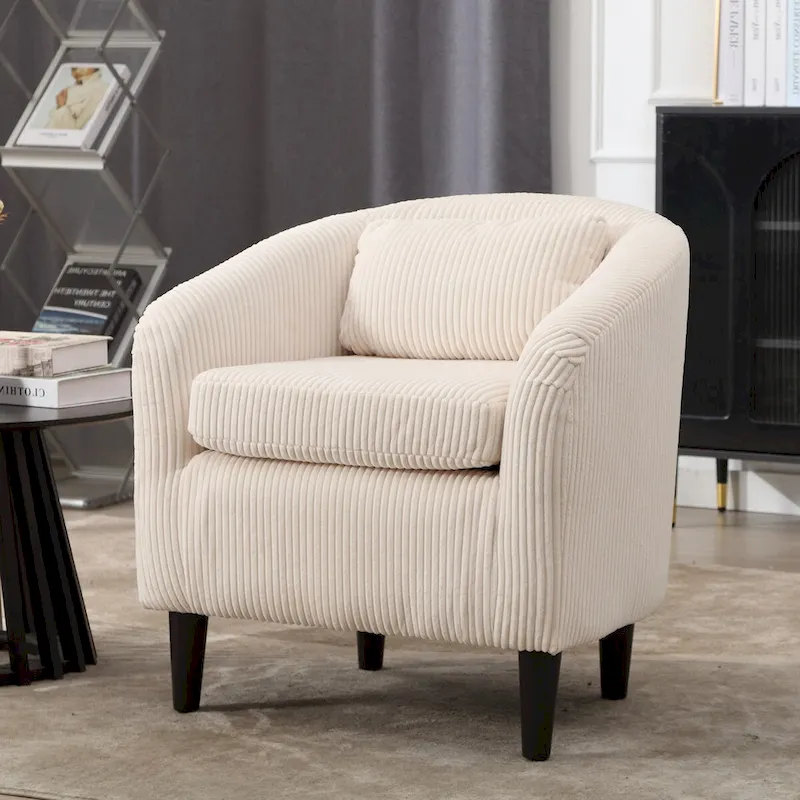 Navy Blue / Black / Camel / Beige / Dark Grey / Emerald Mid-Century Corduroy Upholstered Armchair with Wooden Legs - Single Use