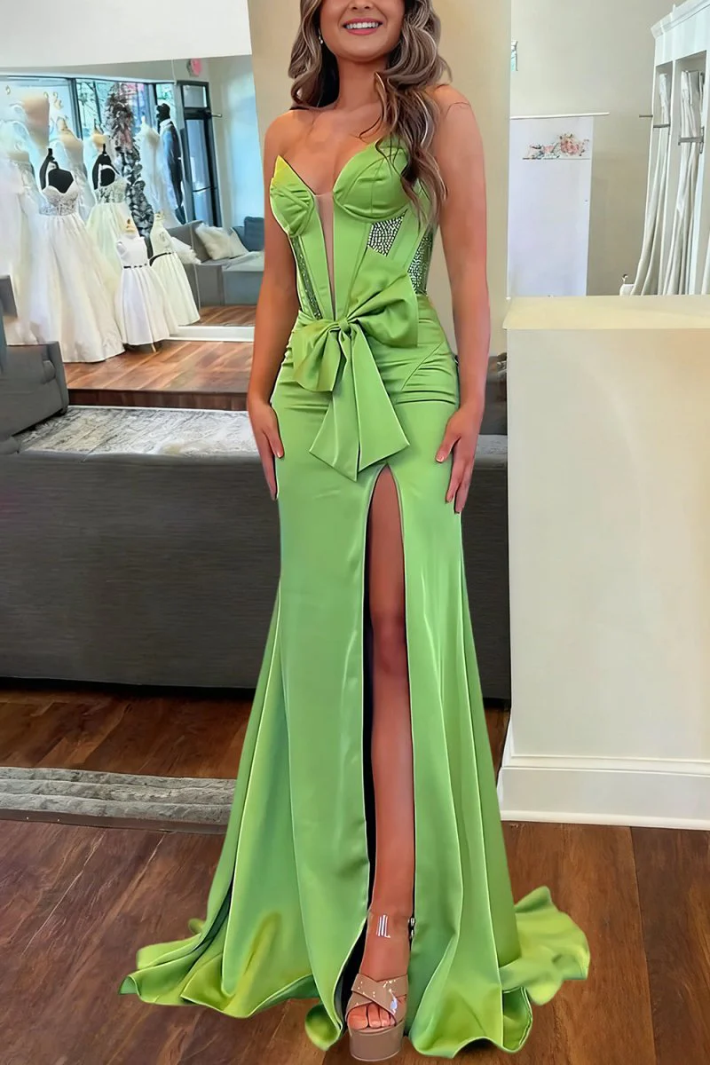 Emerald Strapless Mermaid Satin Long Prom Dresses With Bowknot
