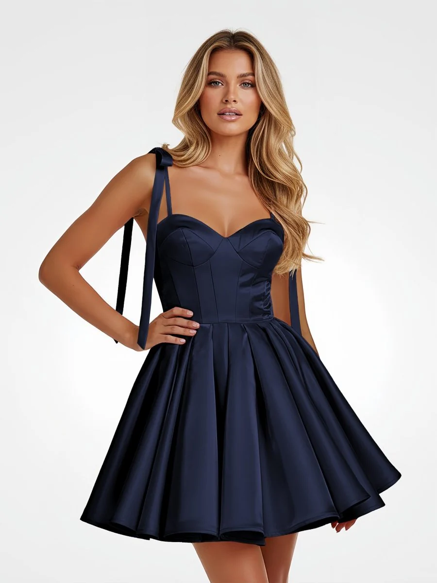 Navy Blue – Spaghetti Straps Satin Pleated A-Line Homecoming Dress with Bow
