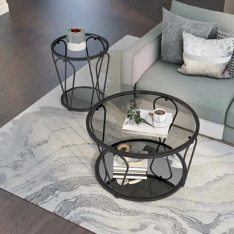 Gable Glam 2-Piece Glass Top Coffee Table Set with Shelf by Furniture of America