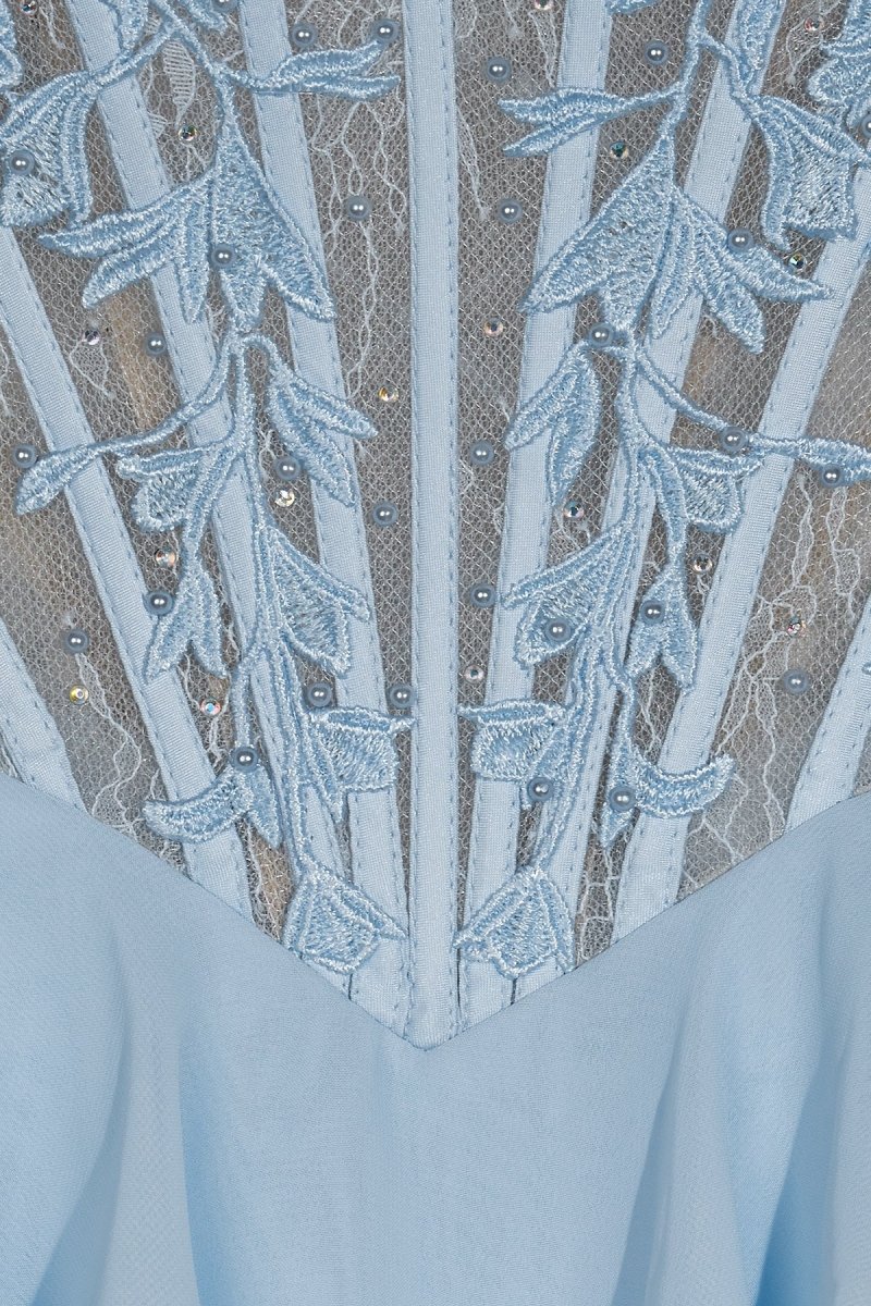 Sky Blue - Strapless A Line Chiffon Ruffled Prom Dresses With Appliques