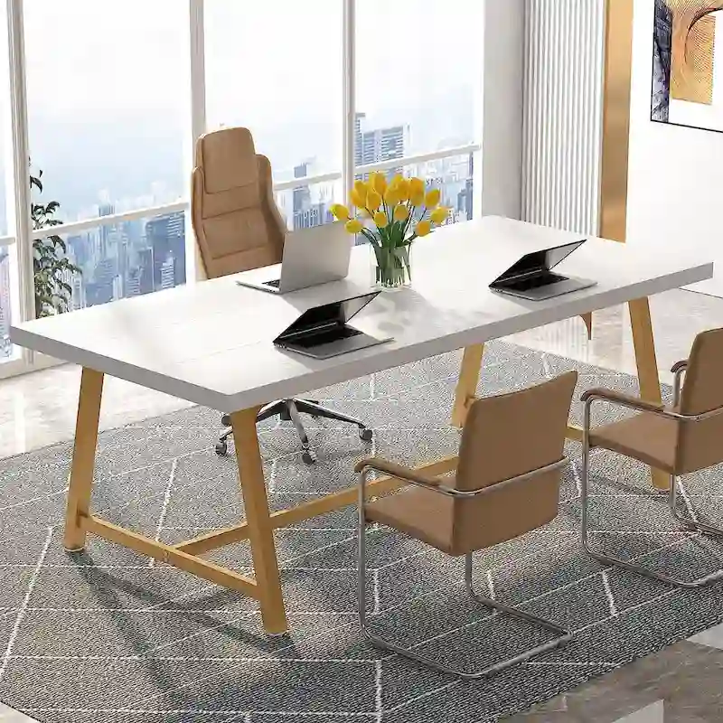 Brown/Grey/White/Natural Rectangle Conference Table, Industrial Style, Seats 6