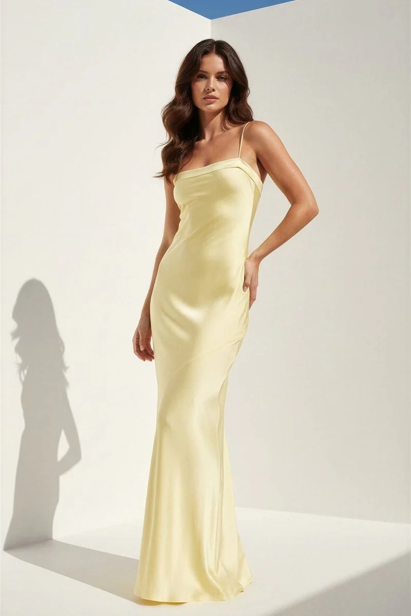 Yellow Spaghetti Straps Sheath Satin Open Back Long Prom Dresses