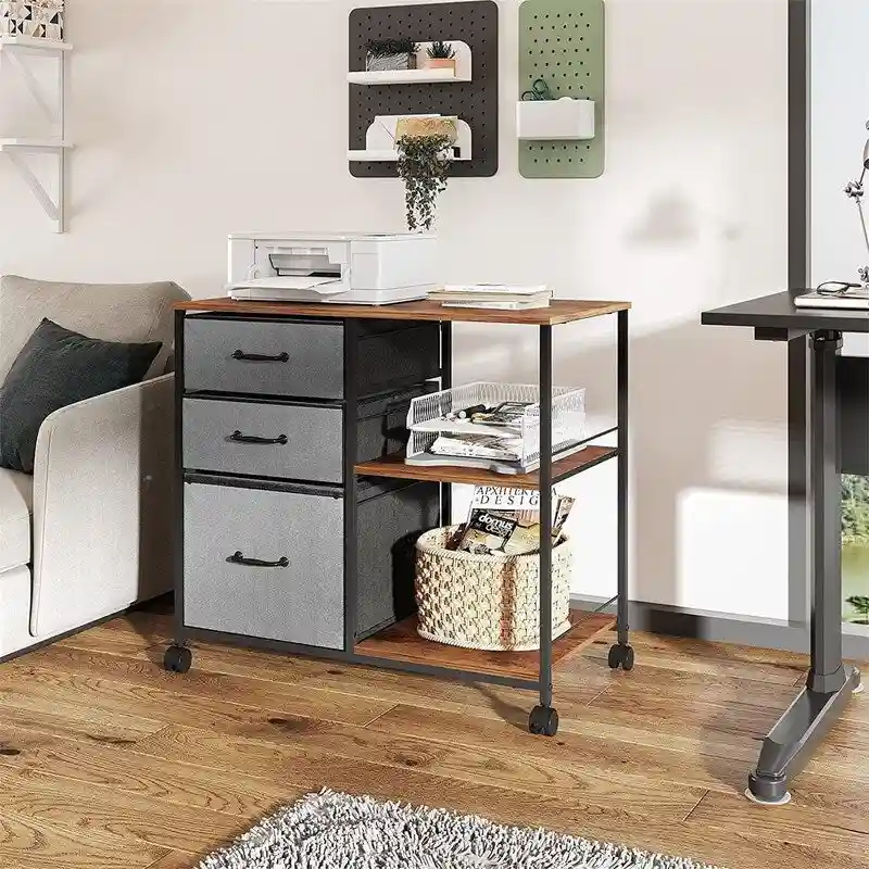Light Grey / Rustic Brown / Black / White 3-Drawer Mobile File Cabinet with Wood Top, Open Shelves & Lockable Casters