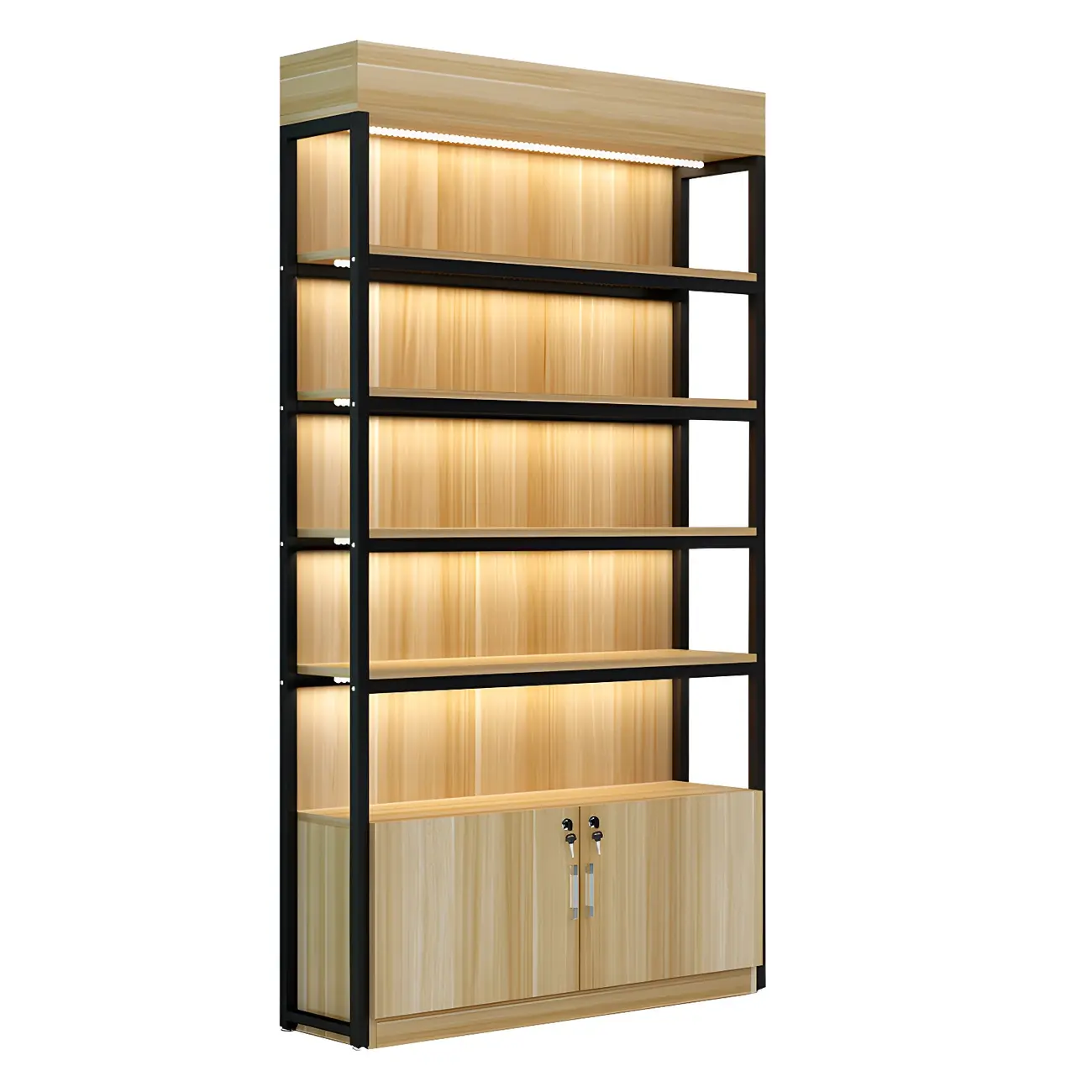 Modern Wood Open Multi-Shelf Large Display Cabinet