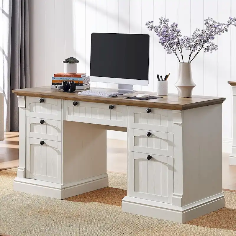 Farmhouse Computer Desk, Wood Home Office Desk with Charging Station