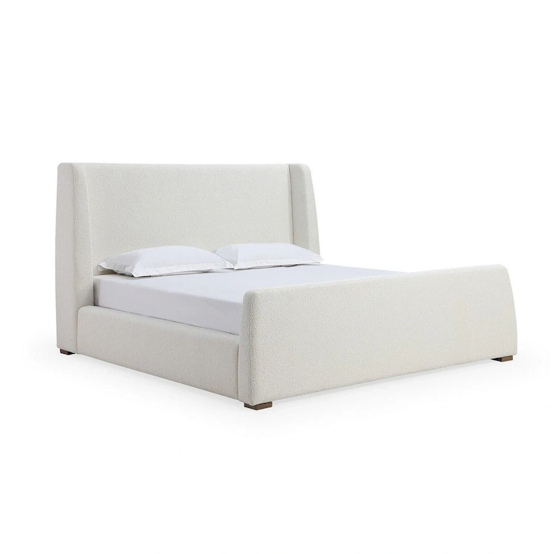 Mosi Queen Platform Bed, Wingback Headboard, White Boucle Fabric Upholstery