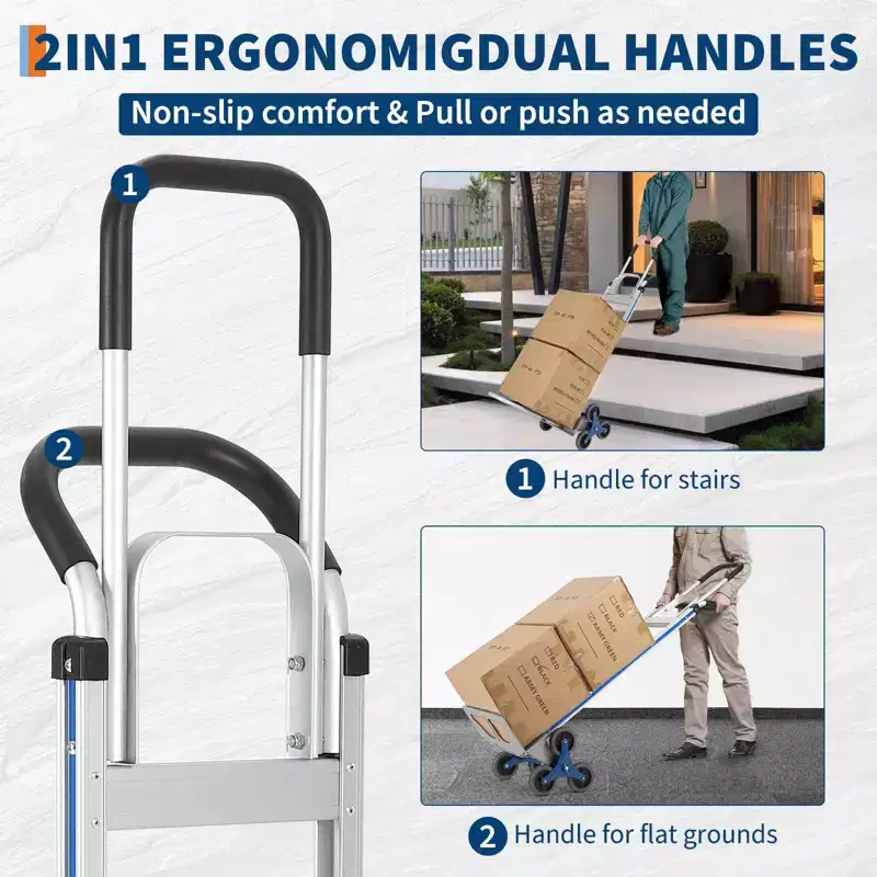 Stair Climbing Cart, Hand Truck 2-in-1 Aluminum Heavy Duty  600LBS Capacity Extendable Base Dual Handles 6 Wheels