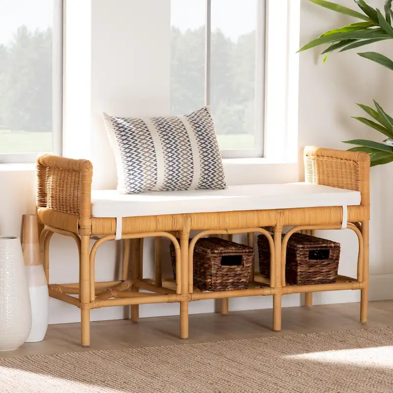 Modern Bohemian Natural Brown Rattan Bench – Handcrafted Boho Entryway Seat