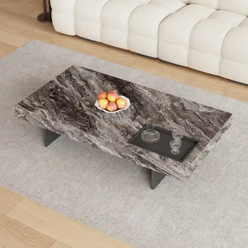 Modern 42 Faux Marble Square Coffee TableGlossy Sintered Stone Tabletop