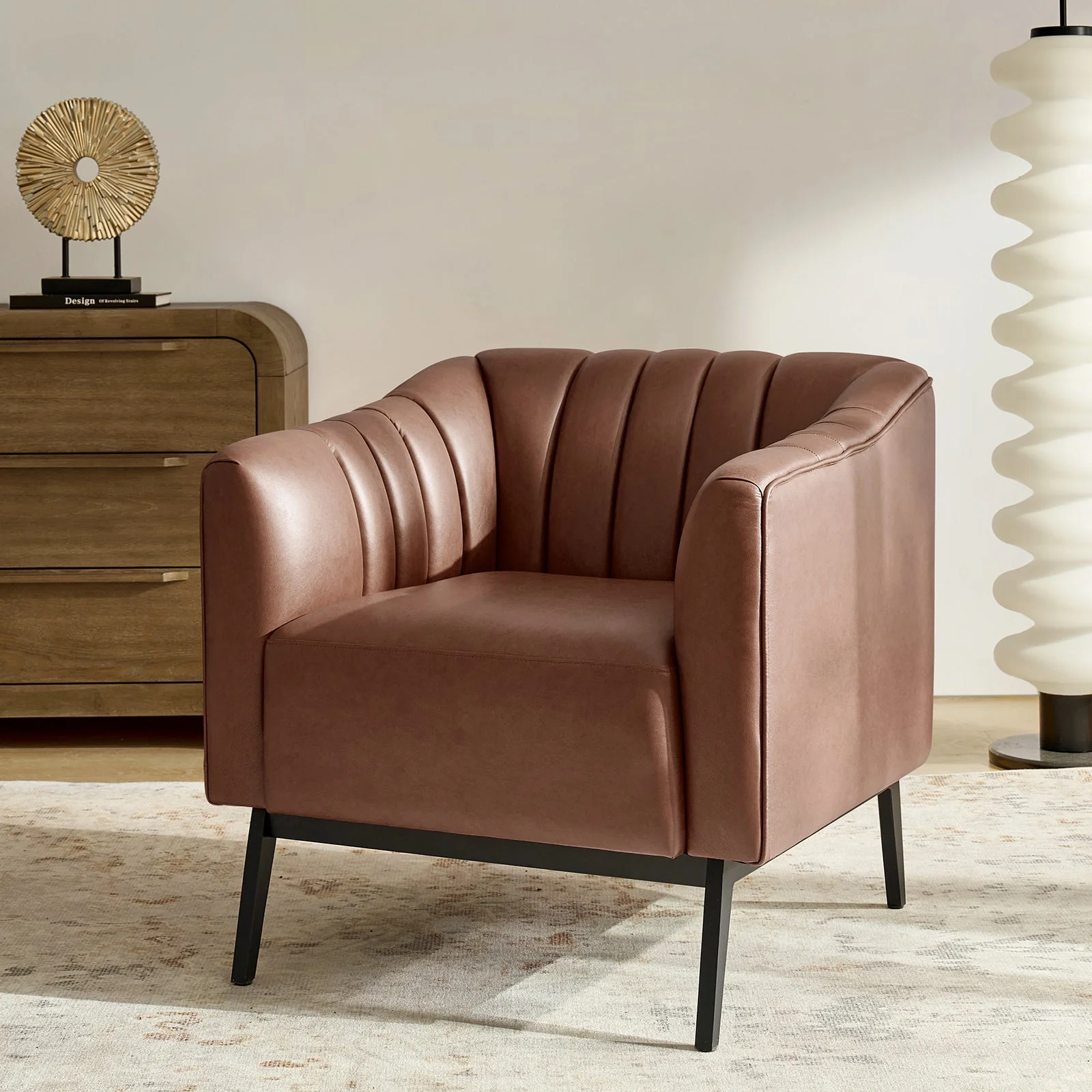 PU Leather Vertical Channel Tufted Armchair with Foam Fill & Black Metal Legs | Camel / Grey / Black / Brown / Navy | Single Seat