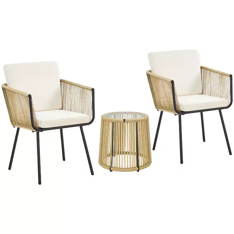 Yaheetech 3-Piece Outdoor Metal Frame Wicker Bistro Set w/ 2 Chairs and Tempered Glass Top Side Table, Tan