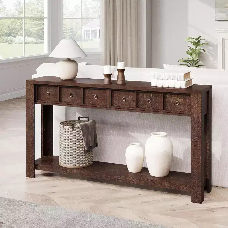 59'' Farmhouse Console Table, Wooden Entryway Table with 2 Drawers & 2-Tier Open Storage Shelf, Sturdy l-Shape Legs,for Hallway Living Room Sofa Side
