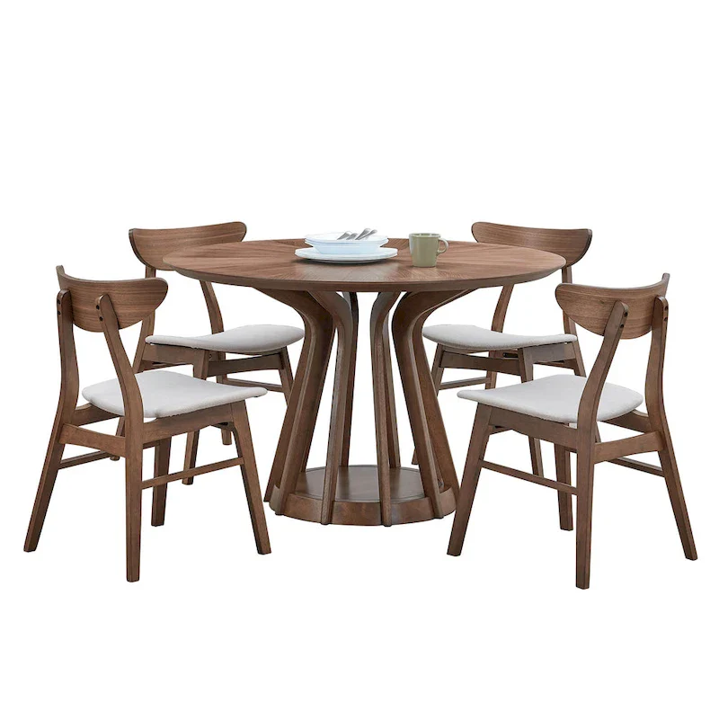5 Pcs Solid Wood Dining Table Set, Round Kitchen Furniture Set with Wooden Pedestal Kitchen Table and 4 Upholstered Chairs