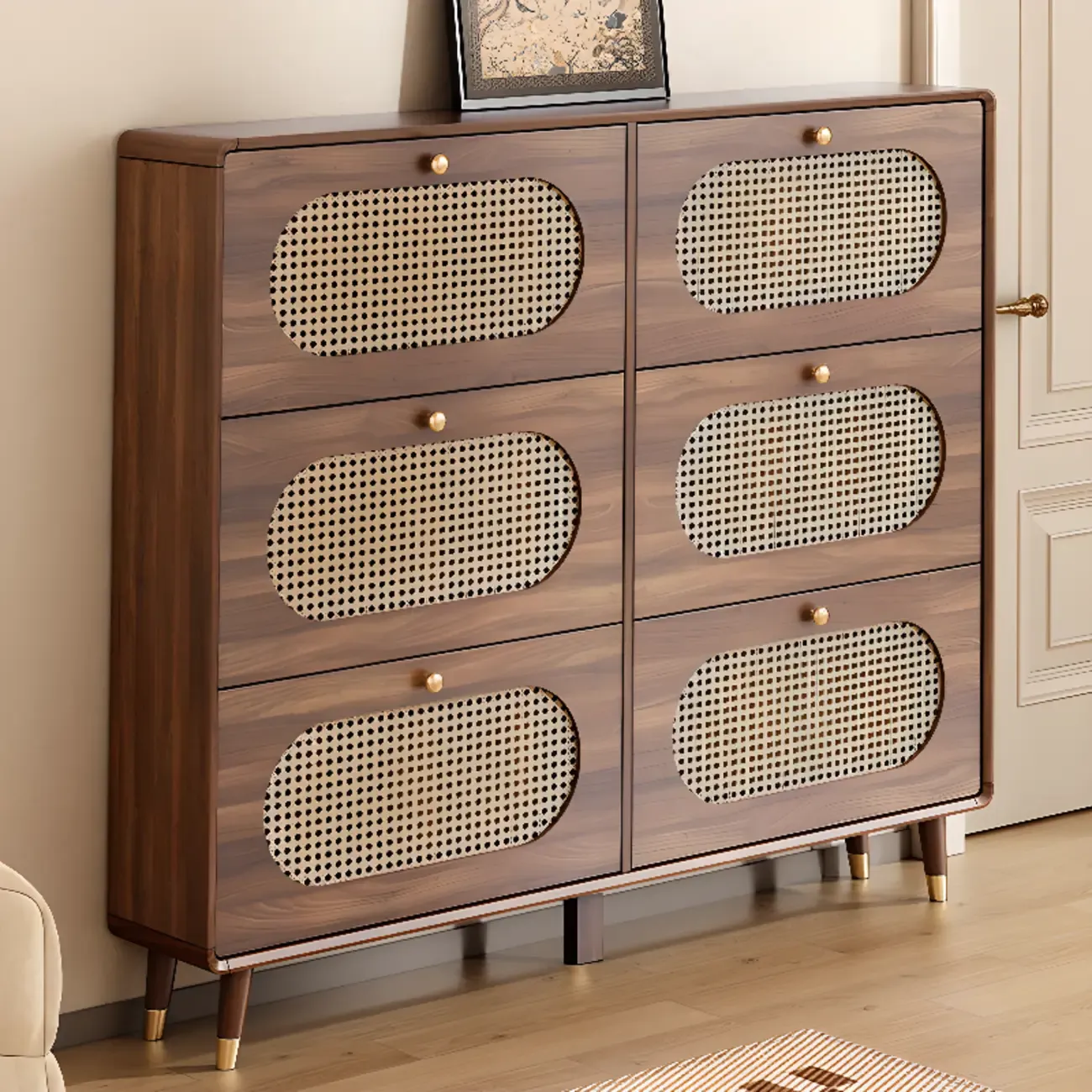 Bohemian Slim Brown Drop-Front Wood Shoe Cabinet