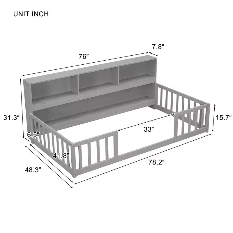 Bellemave Twin Kids Floor Bed with Built-in Storage Bookcase and Guardrails, Grey