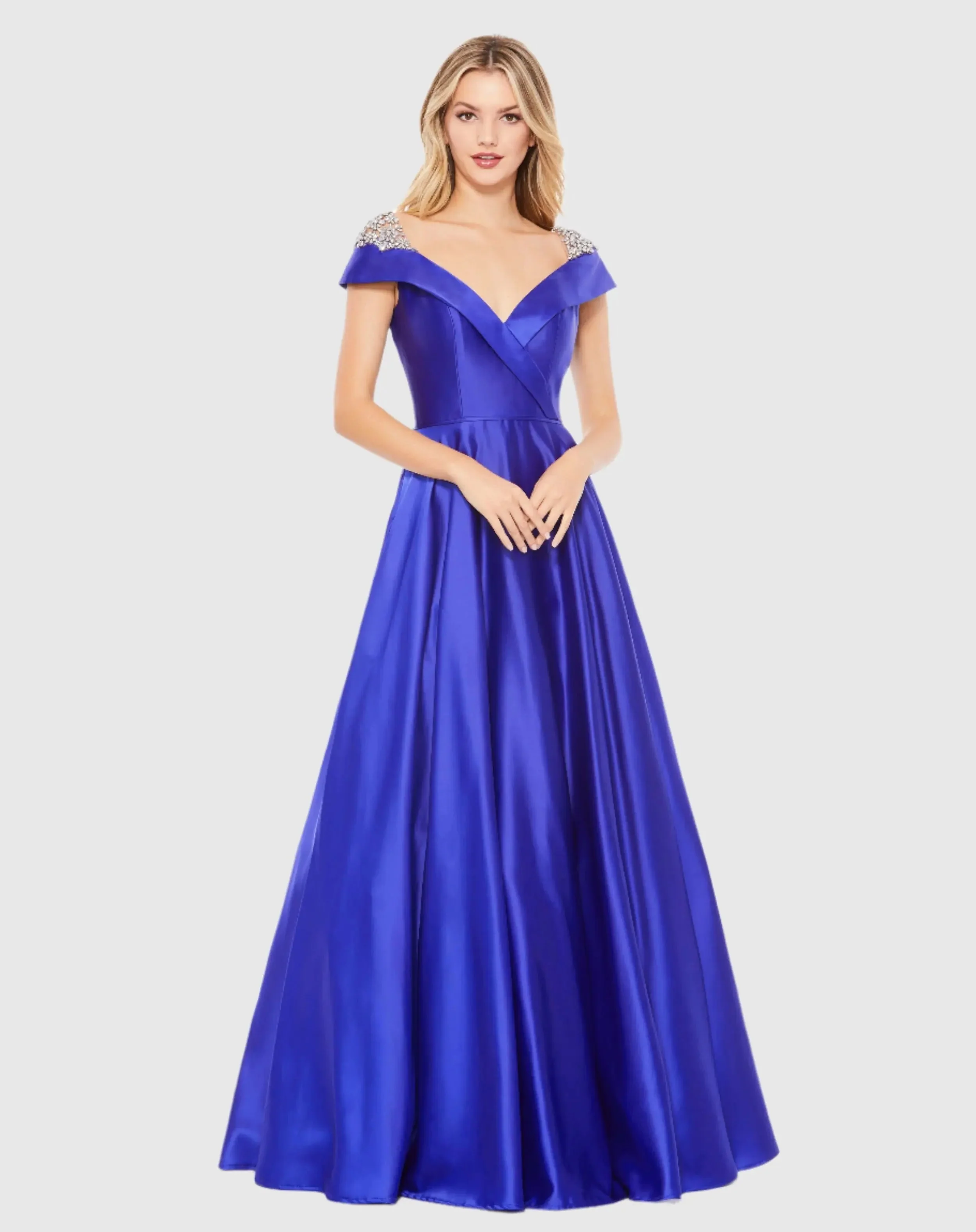 Blue Embellished Cap Sleeve V Neck A Line Gown