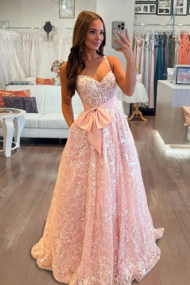 Pink Sweetheart A Line Sequined Lace Long Prom Dresses With Bow