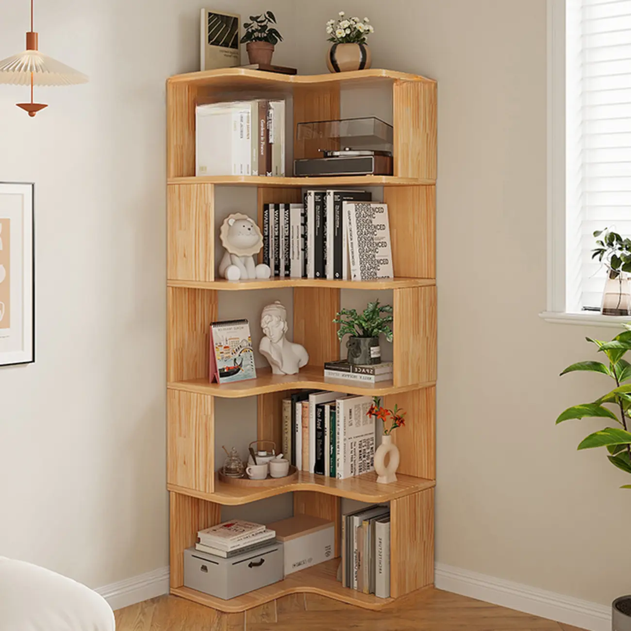 Natural Finish L-Shaped Vertical Wood Open Back Bookcase
