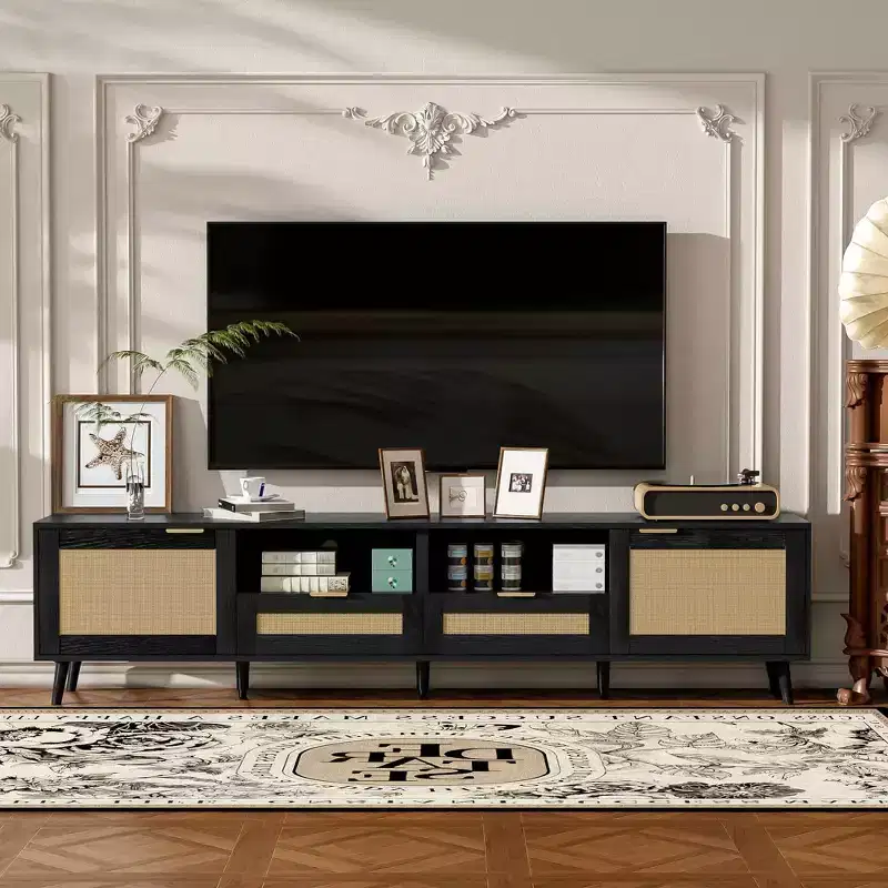 MAYEERTY Rattan TV Stand for TVs up to 85, Modern Framhouse Media Console, Entertainment with SOlid Wood Legs for living Room
