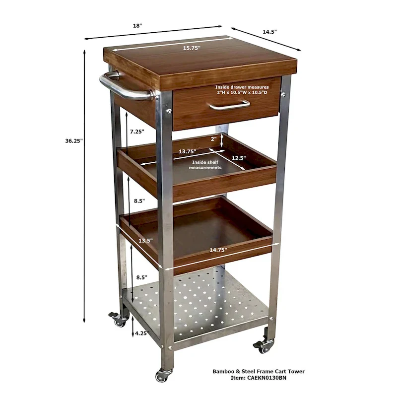 Solid Bamboo & Stainless Steel Kitchen Cart Tower with Drawer