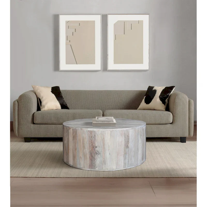 36 Inch Coffee Table, Handcrafted Drum Shape, Washed White Mango Wood