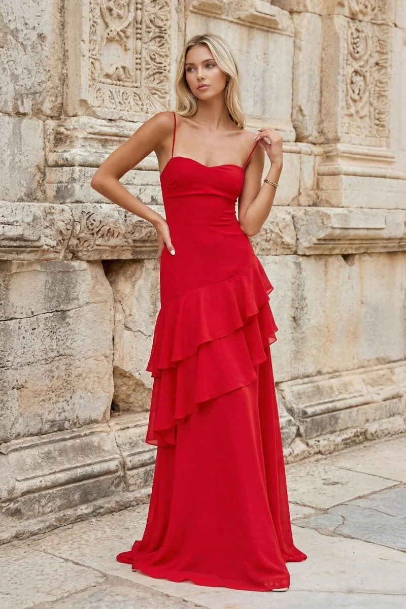 Red - Sheath Spaghetti Straps Chiffon Long Prom Dresses with Ruffles
