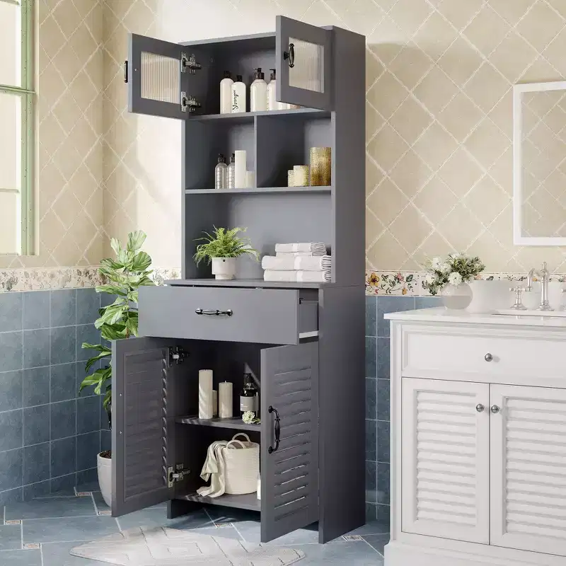 Hyleory Modern 63 Bathroom Vanity with Smart Storage - Frosted Glass Upper Cabinet, Ventilated Base, Soft-Close Drawer and Open Shelves