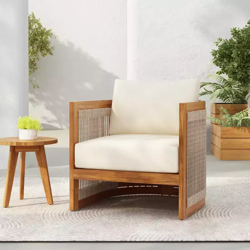 Premium Acacia Wood Outdoor Club Chair with Woven Rope Accents, Water-Resistant Cushions, for Patio