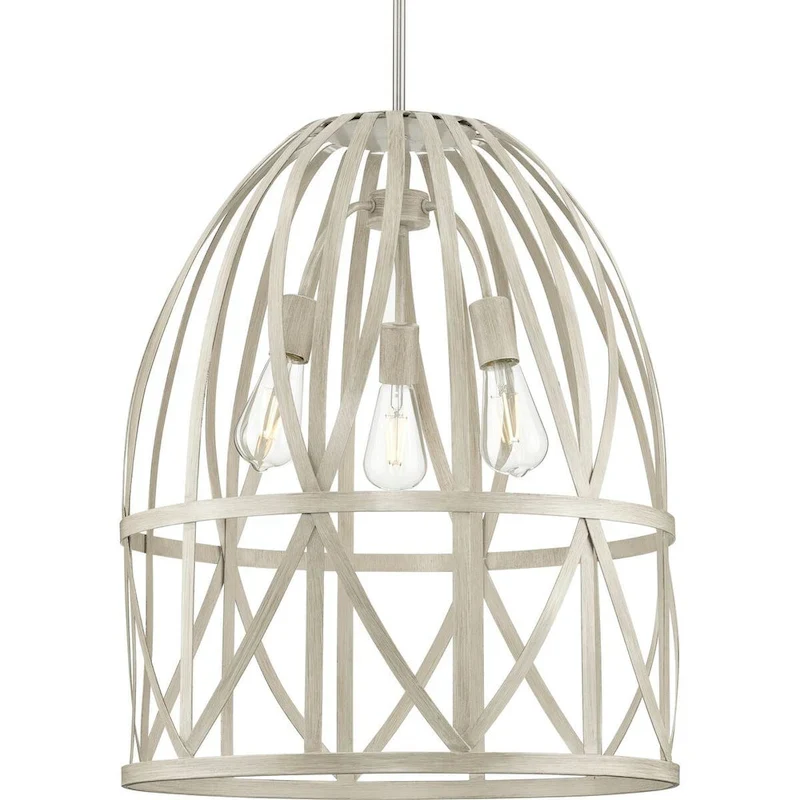 Chastain Collection Three-Light Bleached Oak Basket Farmhouse Pendant Light - 20.87 in x 20.87 in x 25.25 in