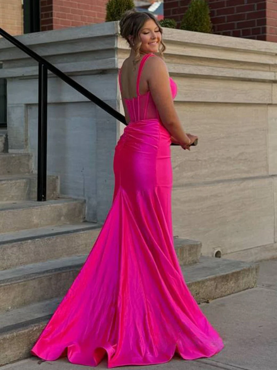Straps Hot Pink Pleated Mermaid Prom Dress with Slit