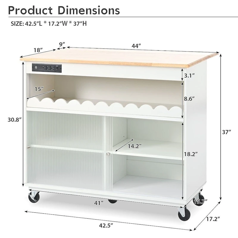 Multi-Functional Kitchen Island Cart with Drop Leaf, LED Light, and Power Outlets