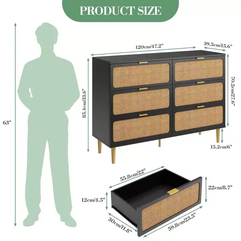 Modern Rattan 6 Drawer Dresser  Large Double Wooden Chest with Deep Storage  Horizontal Organizer for Bedroom, Closet, Hallway, Living Room