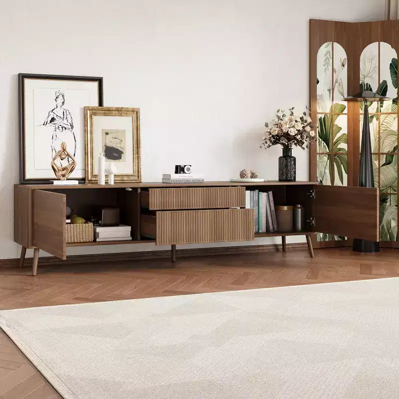 GDFStudio Carl Modern 70 Fluted TV Stand with Cable Management, 2 Storage Drawers and Open Shelves