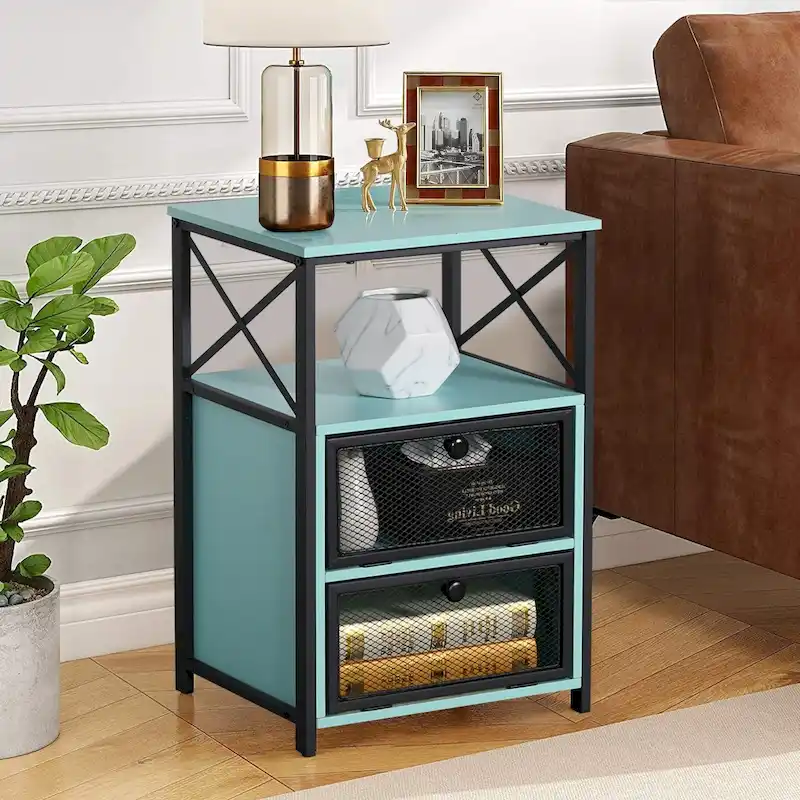 Compact Nightstand with 2 Flip Drawers and Storage Shelf