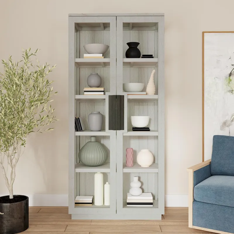 Whitewash / Black 2-Door Glass Cabinet – Reclaimed Pine, 4-Shelf
