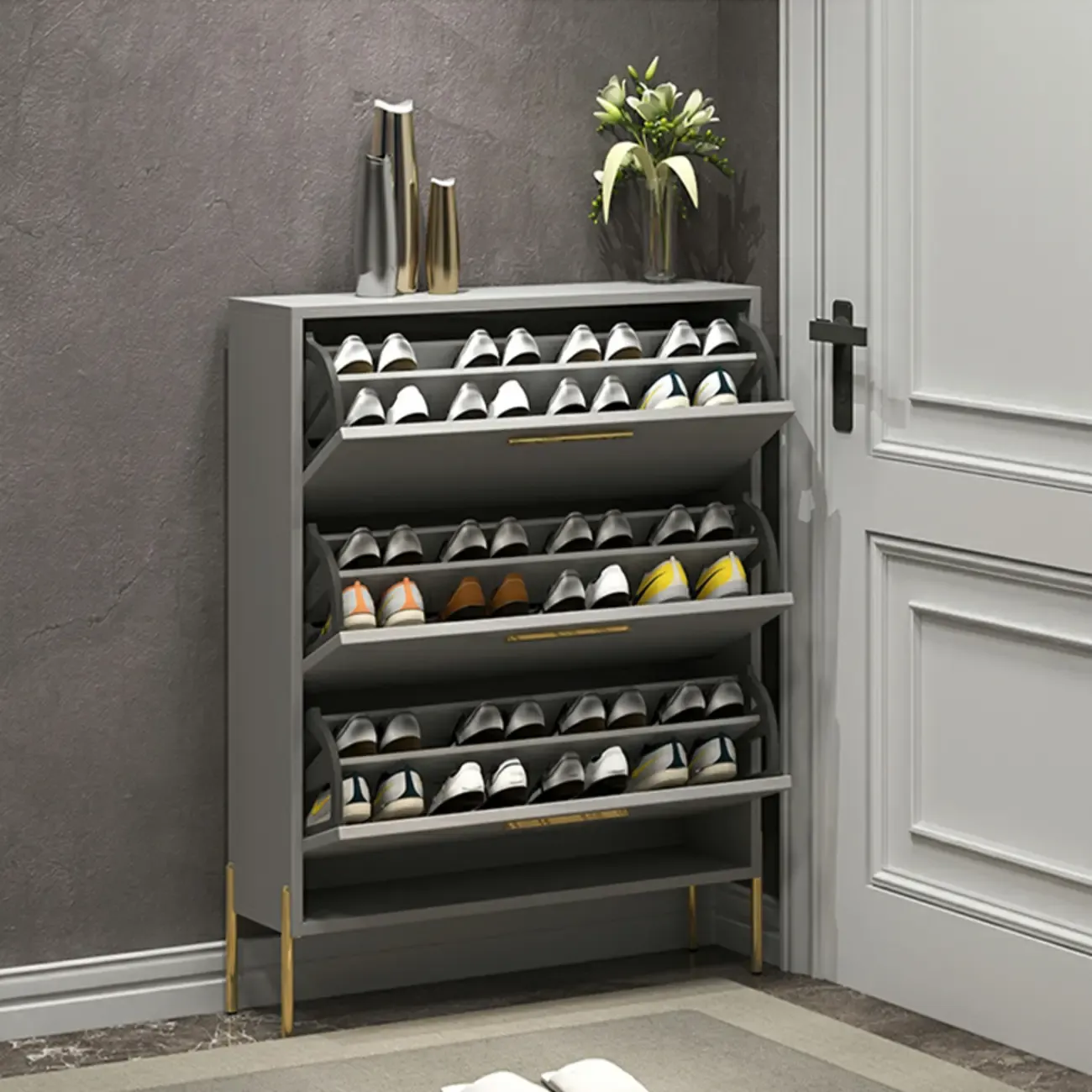 3-Tier Narrow Dark Gray Drop-Front Wood Shoe Cabinet