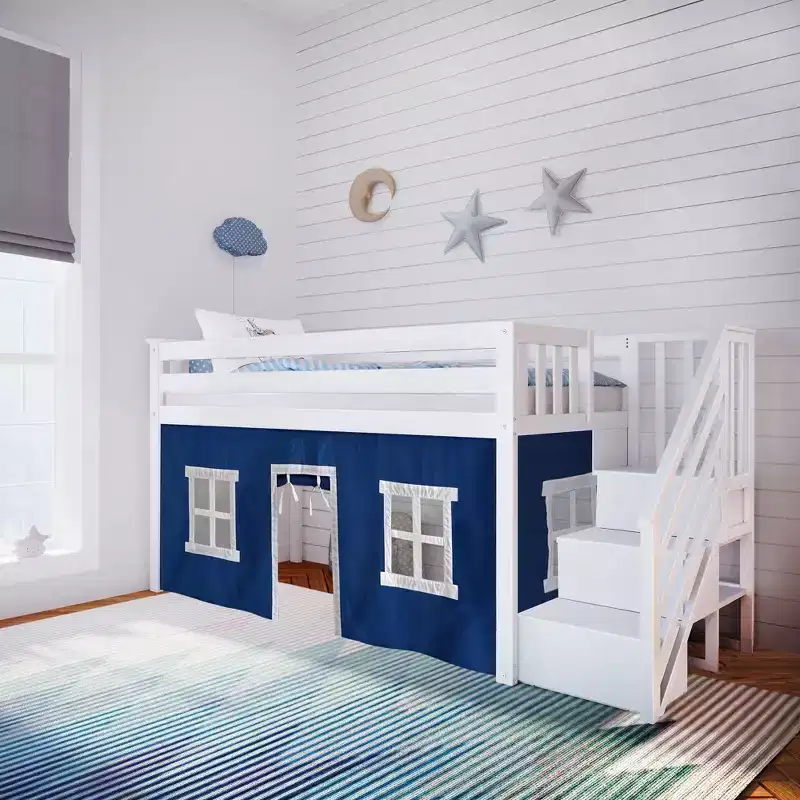 Max & Lily Twin Low Loft with Stairs and Curtains