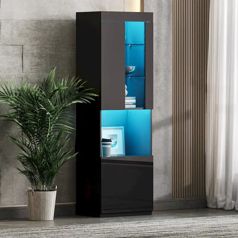 High Gloss Storage Cabinet with LED Lights,67  Tall Cabinet with Acrylic Door,with Open Countertop and Tempered Glass Shelves