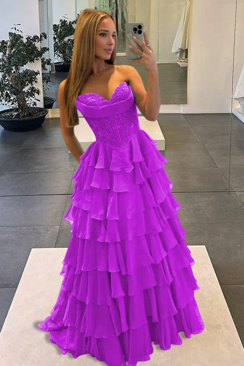 Magenta - Strapless A Line Chiffon Ruffled Prom Dresses With Appliques