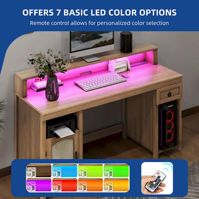 Moasis Farmhouse Wood Office Desk with Drawer and LED Strip & Power Outlets