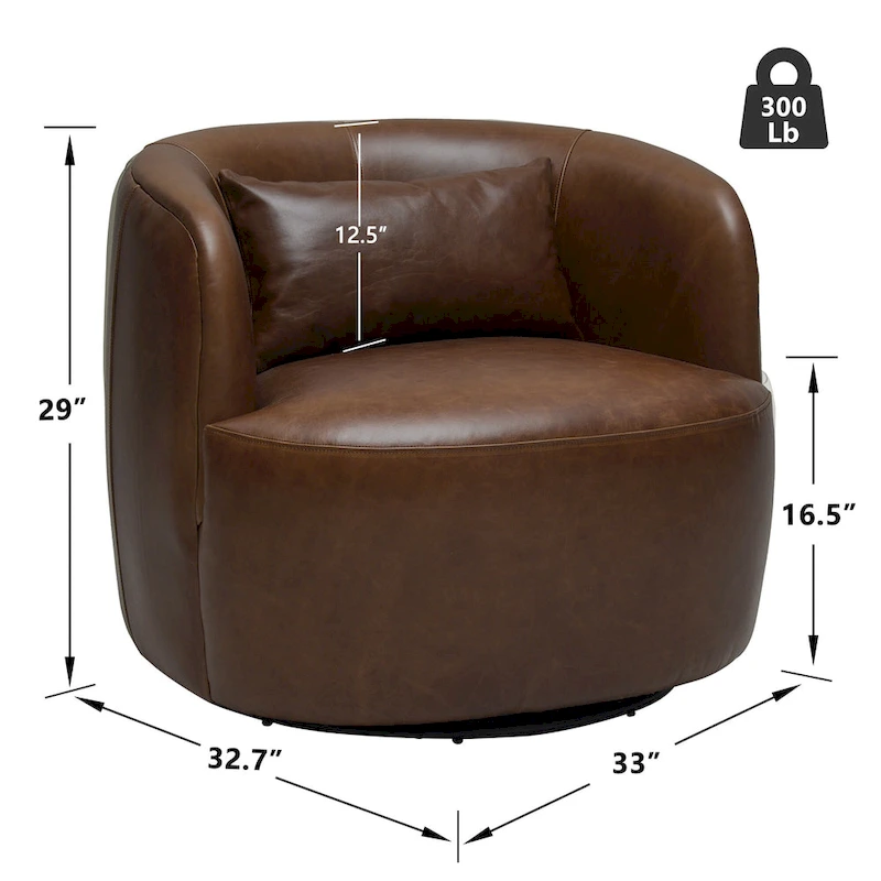 KINWELL Modern Top Grain Genuine Leather Swivel Armchair with Pillow