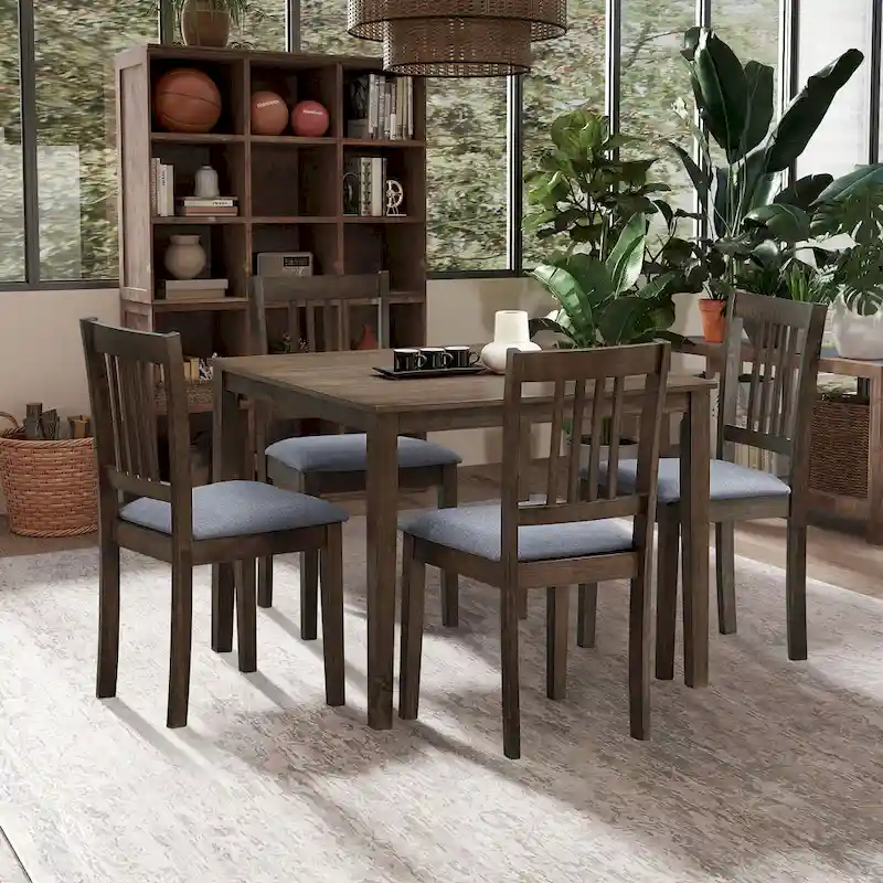 Modern 5-Piece Dining Set with Square Table & 4 Slat Back Upholstered Chairs