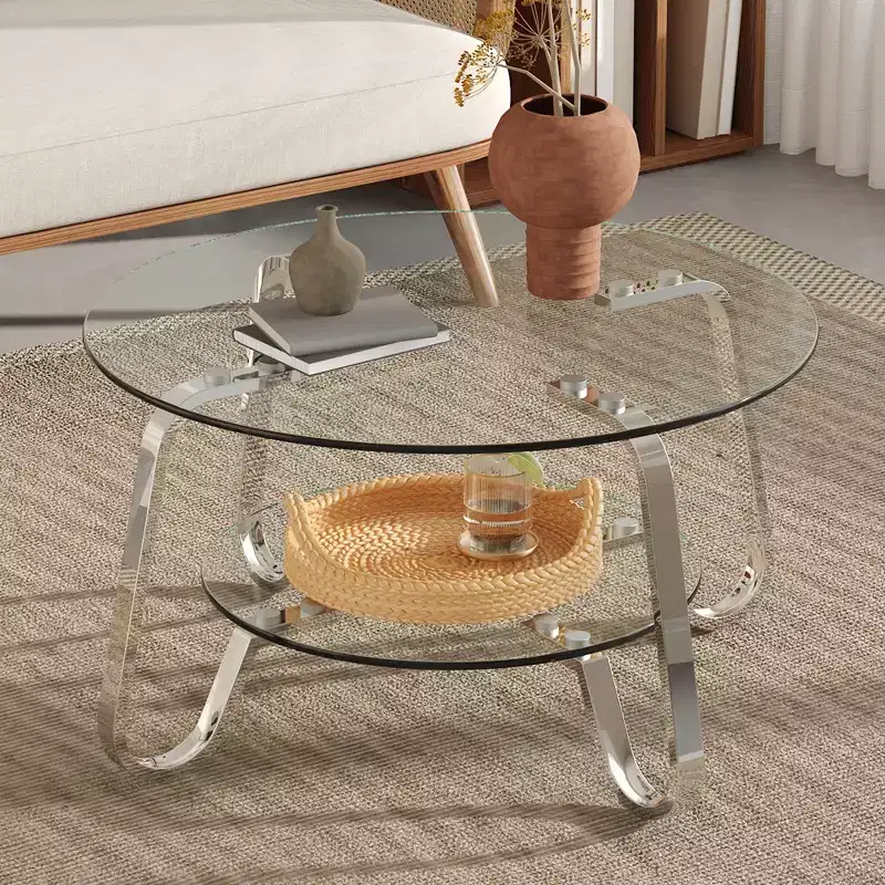Retro Minimalist Metal Frame Coffee Table with Double Tempered Glass Layers, Size 31.5x31.5x17.7 Inches