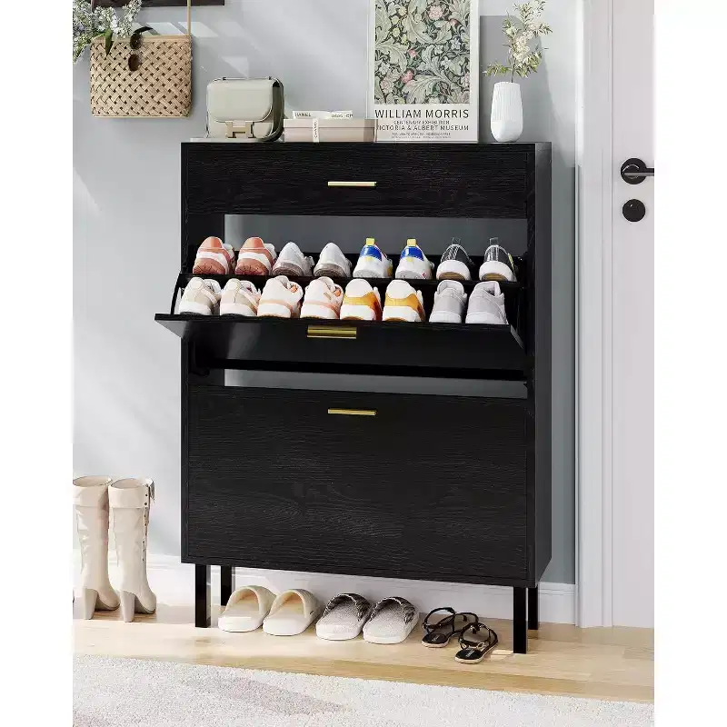 Shoe Cabinet Storage for Entryway Ultra Slim with 2 Flip &1Drop-Down Drawers, Narrow Shoe Cabinet,Freestanding Modern Wood Shoes Organizer